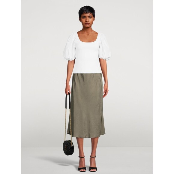 Theory women Glossed Scoop Neck Knit Top size Large White Puff Short Sleeve $345 - Picture 2 of 9